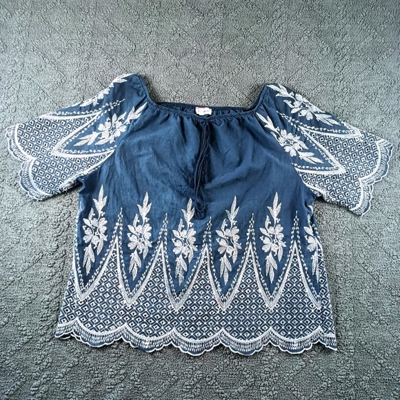 Sapphire Tops - Sapphire Women XL Navy Blue Embroidered Cotton Boho Blouse Eyelet Scallop Hem